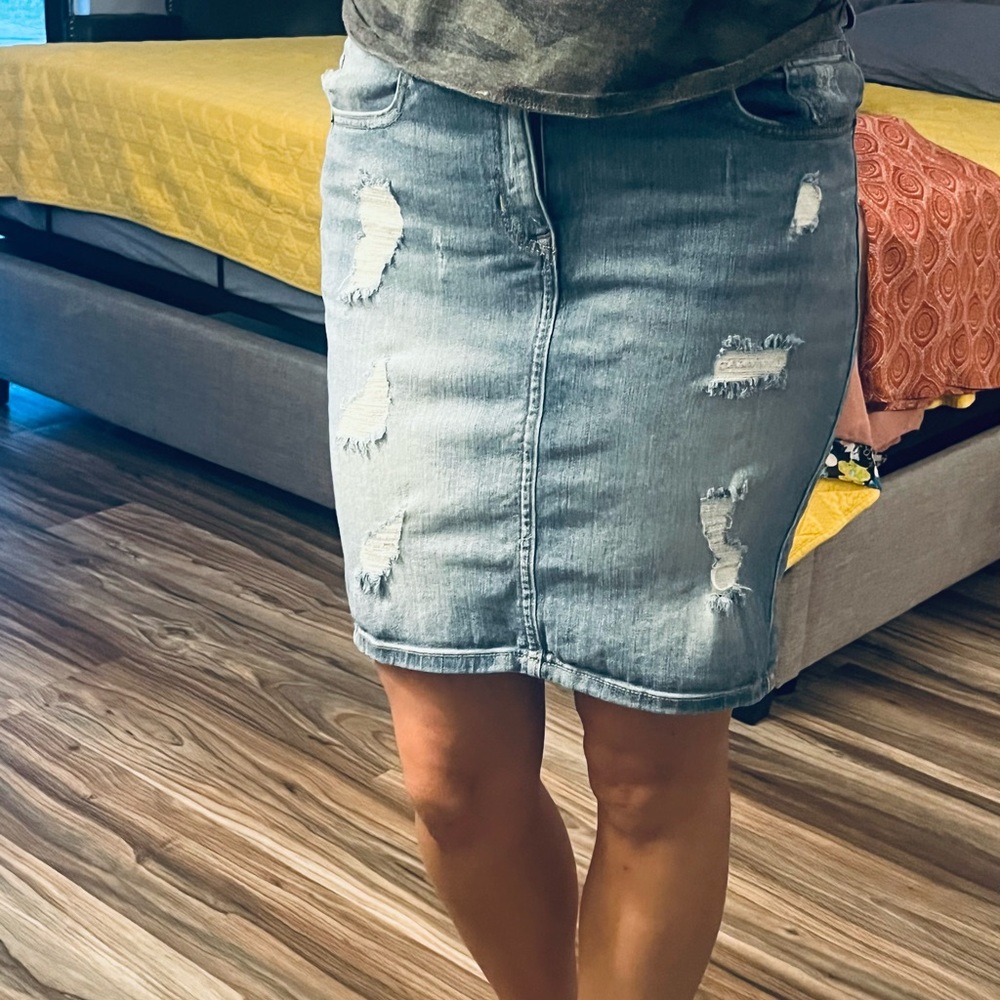 Express distressed denim pencil skirt